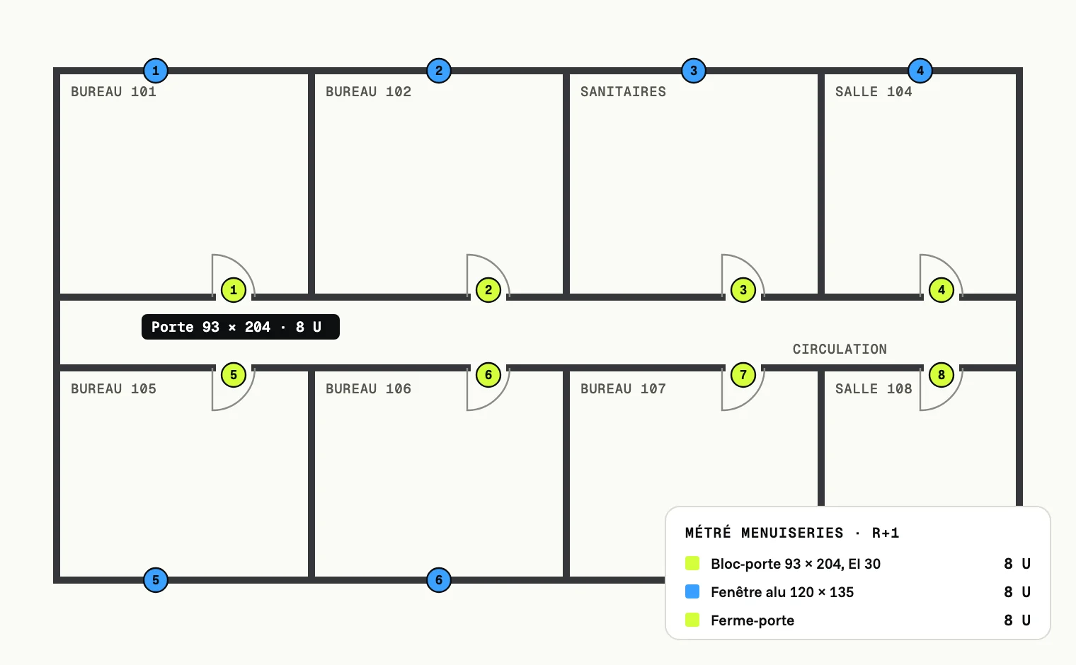 Plan des menuiseries : portes et fenêtres comptées une à une sur le plan