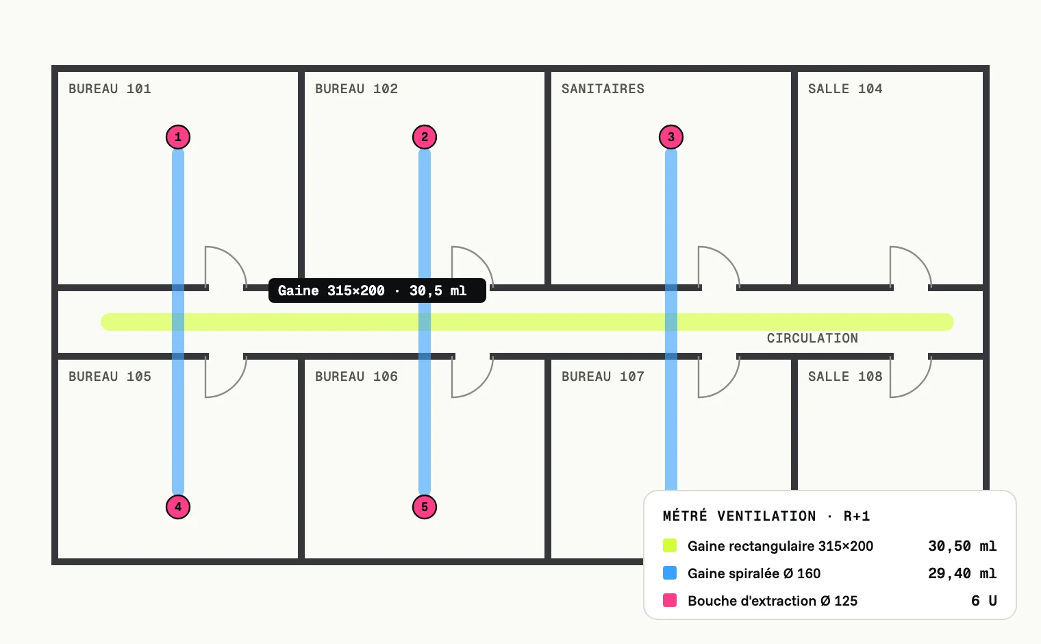 Plan de ventilation : gaine et piquages surlignés, bouches d'extraction comptées